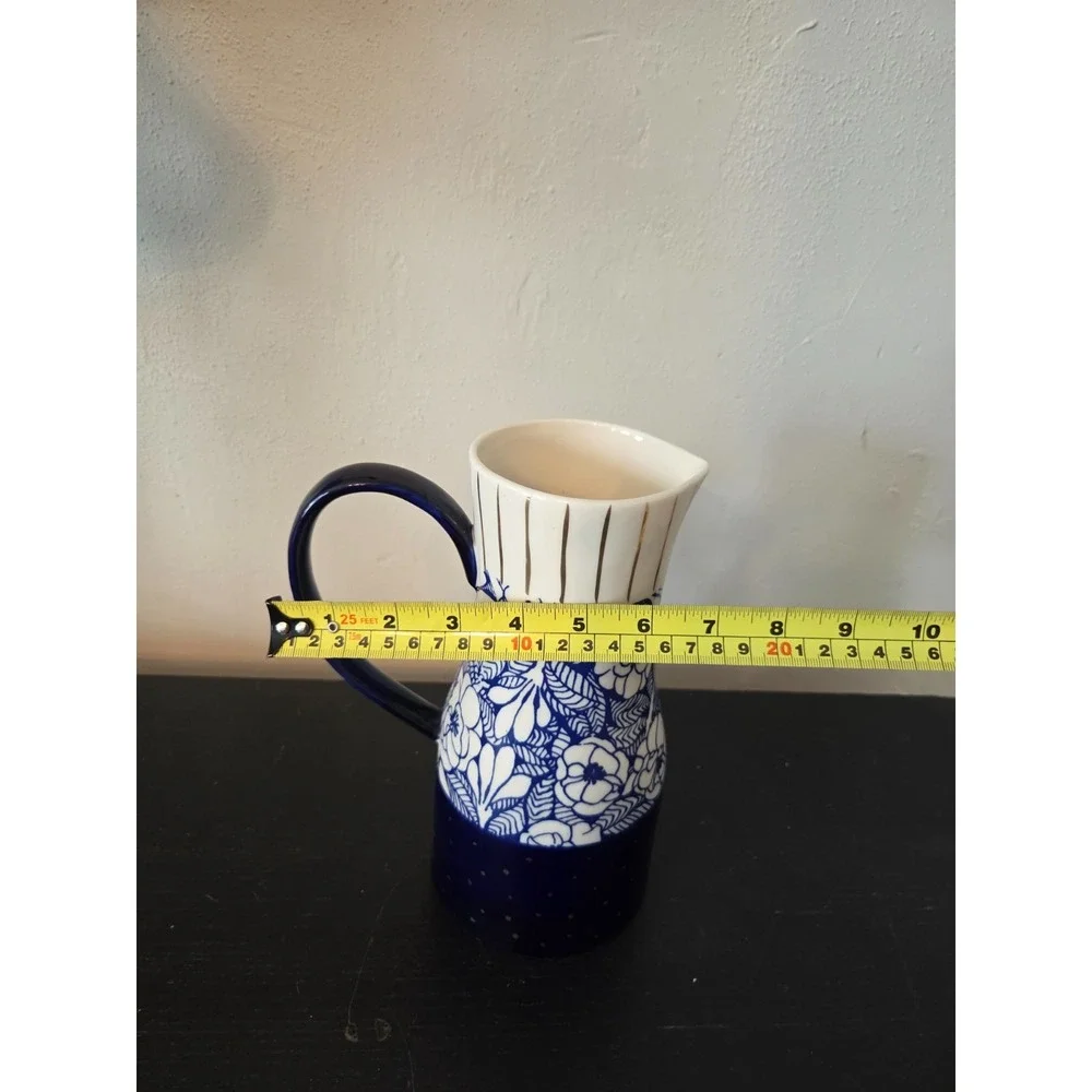 Anthropologie Garden Guest Pitcher Vase Blue Gold Floral Carla Dinnage 9.5''